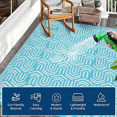 Modern Outdoor Plastic Mat, Geometric Striped Rug, Easy Care Portable Low Pile Carpet