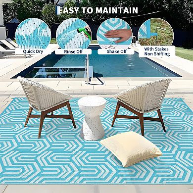 Modern Outdoor Plastic Mat, Geometric Striped Rug, Easy Care Portable Low Pile Carpet