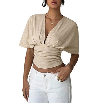 Women's Y2k Deep V Neck Dolman Sleeve Tops Cute T Shirt Crop Tops