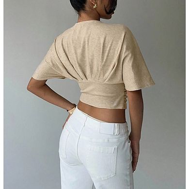 Women's Y2k Deep V Neck Dolman Sleeve Tops Cute T Shirt Crop Tops