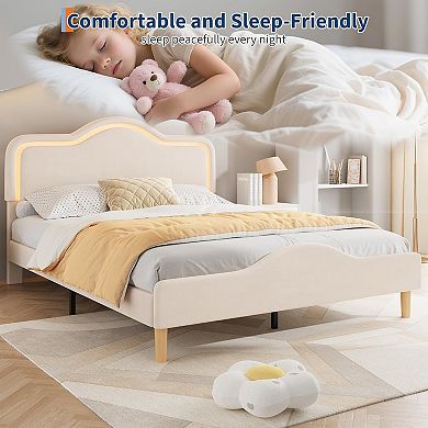 Princess Style Soft Upholstered Platform Bed Frame with Adjustable LED Headboard & Footboard