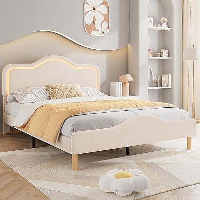 Princess Style Soft Upholstered Platform Bed Frame with Adjustable LED Headboard & Footboard