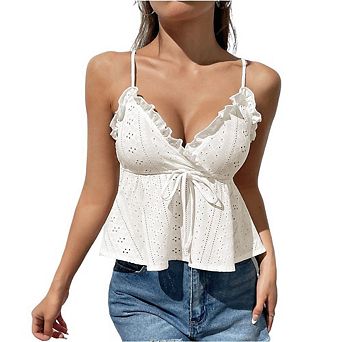 Women's Peplum Cami Tops Tie Front Eyelet Embroidery V Neck Ruffle Hem Spaghetti Strap Tank Top