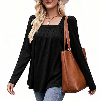 Women's Pleated Long Sleeve Blouse, Square Neck Loose Fit Casual Tunic Top