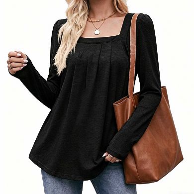 Women's Pleated Long Sleeve Blouse, Square Neck Loose Fit Casual Tunic Top