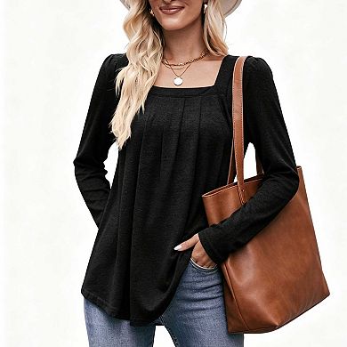 Women's Pleated Long Sleeve Blouse, Square Neck Loose Fit Casual Tunic Top