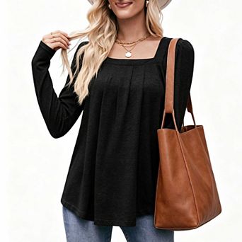 Women's Pleated Long Sleeve Blouse, Square Neck Loose Fit Casual Tunic Top
