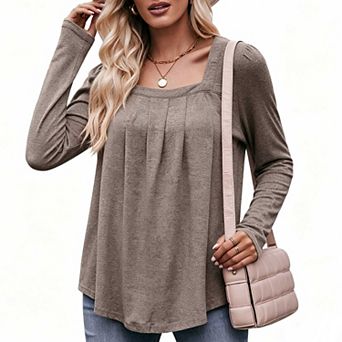 Women's Pleated Long Sleeve Blouse, Square Neck Loose Fit Casual Tunic Top