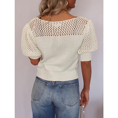 Women's Knitted Cutout Short-Sleeved Sweater Solid Color Casual Tee Shirt Tops