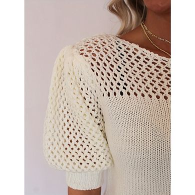 Women's Knitted Cutout Short-Sleeved Sweater Solid Color Casual Tee Shirt Tops