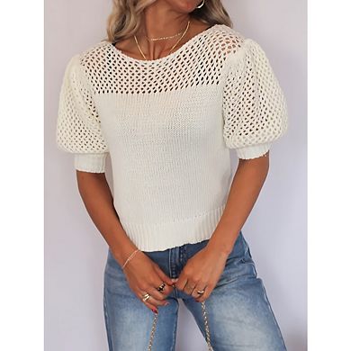 Women's Knitted Cutout Short-Sleeved Sweater Solid Color Casual Tee Shirt Tops
