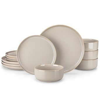 MOEPLSY12 pc Grey Reactive Glaze Dinnerware Set, Durable Plates and Bowls, Microwave