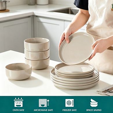 MOEPLSY12-Piece Grey Reactive Glaze Dinnerware Set, Durable Plates and Bowls, Microwave