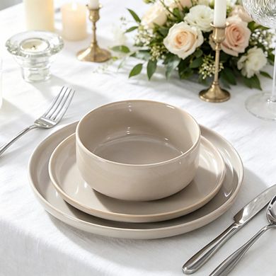 MOEPLSY12-Piece Grey Reactive Glaze Dinnerware Set, Durable Plates and Bowls, Microwave