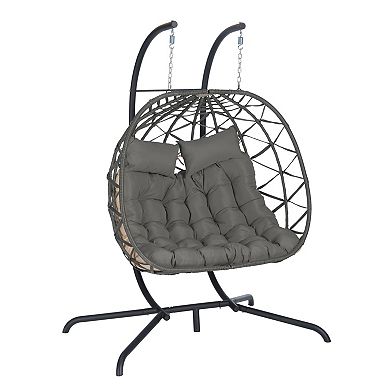 Eazegath Outdoor Grey Wicker Double Egg Swing Chair Hanging Hammock with Stand and Cushions