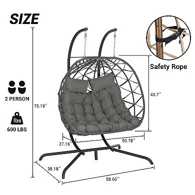 Eazegath Outdoor Grey Wicker Double Egg Swing Chair Hanging Hammock with Stand and Cushions