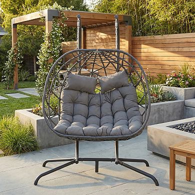 Eazegath Outdoor Grey Wicker Double Egg Swing Chair Hanging Hammock with Stand and Cushions