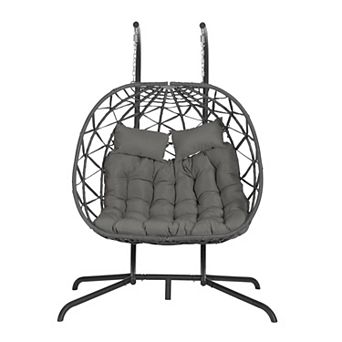 Eazegath Outdoor Grey Wicker Double Egg Swing Chair Hanging Hammock with Stand and Cushions