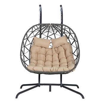 Eazegath Outdoor Grey Wicker Double Egg Swing Chair Hanging Hammock with Stand and Cushions