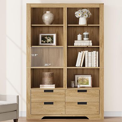 Rustic Storage Bookshelf with 4 Drawers, Home Organizer for Living Room Bedroom Office