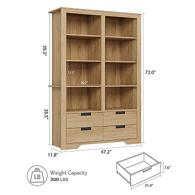 Rustic Storage Bookshelf with 4 Drawers, Home Organizer for Living Room Bedroom Office