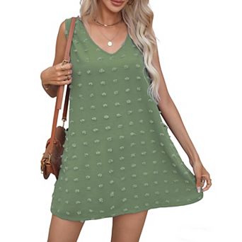 Womens Swiss Dot Shift Short Boho Dress Summer Casual Sleeveless V Neck Loose Sum Mini Dress Pocket