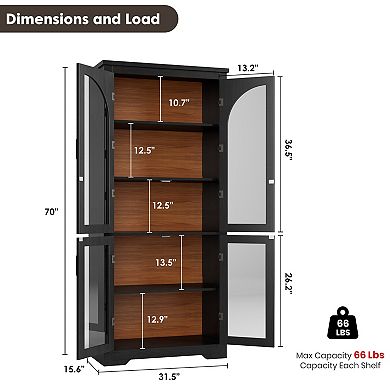 Kitchen Pantry Storage Cabinet with Arched Glass Doors & Adjustable Shelves for Dining Living Room