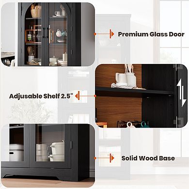 Kitchen Pantry Storage Cabinet with Arched Glass Doors & Adjustable Shelves for Dining Living Room