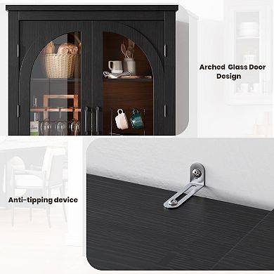 Kitchen Pantry Storage Cabinet with Arched Glass Doors & Adjustable Shelves for Dining Living Room