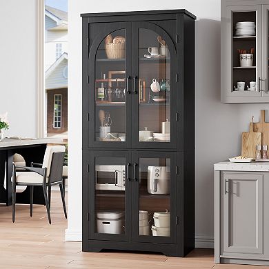 Kitchen Pantry Storage Cabinet with Arched Glass Doors & Adjustable Shelves for Dining Living Room