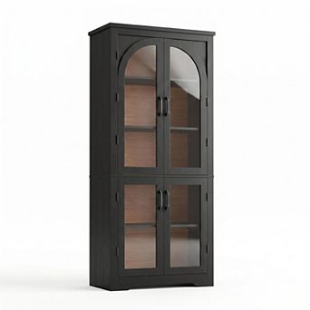Kitchen Pantry Storage Cabinet with Arched Glass Doors & Adjustable Shelves for Dining Living Room