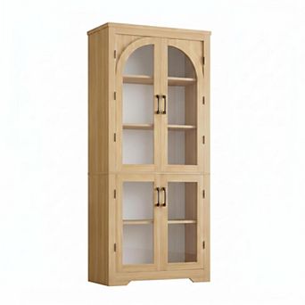 Kitchen Pantry Storage Cabinet with Arched Glass Doors & Adjustable Shelves for Dining Living Room