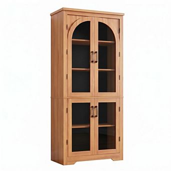 Kitchen Pantry Storage Cabinet with Arched Glass Doors & Adjustable Shelves for Dining Living Room