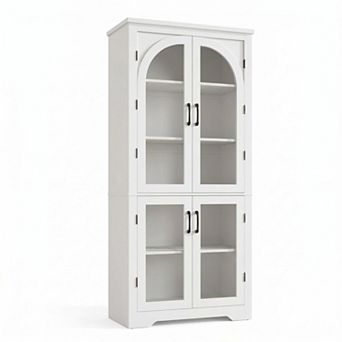 Kitchen Pantry Storage Cabinet with Arched Glass Doors & Adjustable Shelves for Dining Living Room