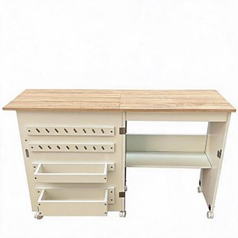 Sewing Table with Lockable Wheels,Folding Craft Station with Storage Shelves,Pegs,Magnetic Locks