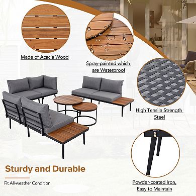 Eazegath 6-Piece Outdoor Steel Sectional Sofa Set with Round Nesting Coffee Tables and Cushions