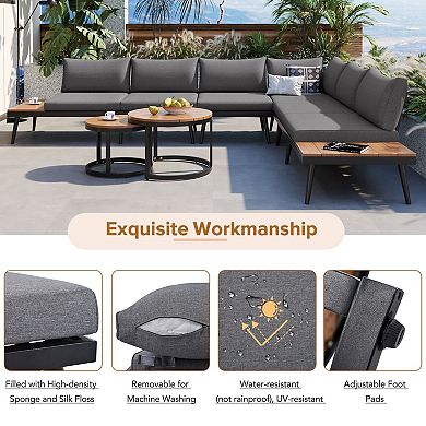 Eazegath 6-Piece Outdoor Steel Sectional Sofa Set with Round Nesting Coffee Tables and Cushions