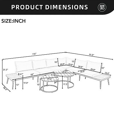 Eazegath 6-Piece Outdoor Steel Sectional Sofa Set with Round Nesting Coffee Tables and Cushions