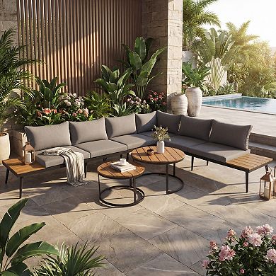 Eazegath 6-Piece Outdoor Steel Sectional Sofa Set with Round Nesting Coffee Tables and Cushions