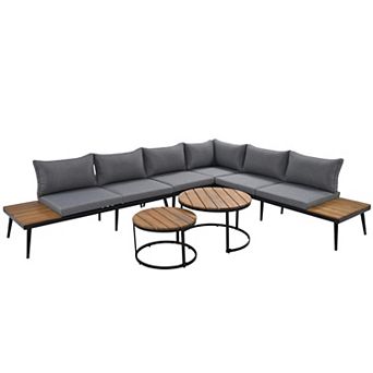 Eazegath 6 pc Outdoor Steel Sectional Sofa Set with Round Nesting Coffee Tables and Cushions