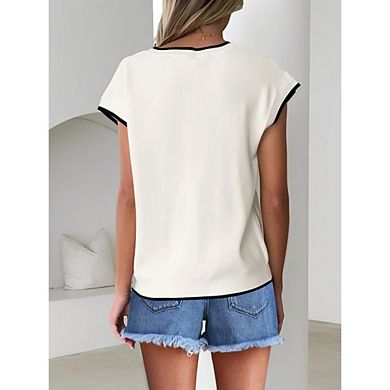 Women's Cable Knit Color Block Trim Top Short Sleeve Round Neck Sweater Blouse