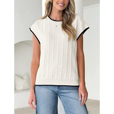 Women's Cable Knit Color Block Trim Top Short Sleeve Round Neck Sweater Blouse