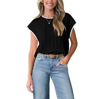 Women's Cable Knit Color Block Trim Top Short Sleeve Round Neck Sweater Blouse