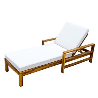 Eazegath Outdoor Wood Adjustable Backrest Chaise Lounge Chair with Cushion and Armrests