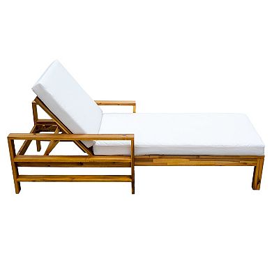 Eazegath Outdoor Wood Adjustable Backrest Chaise Lounge Chair with Cushion and Armrests