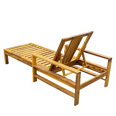 Eazegath Outdoor Wood Adjustable Backrest Chaise Lounge Chair with Cushion and Armrests