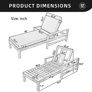 Eazegath Outdoor Wood Adjustable Backrest Chaise Lounge Chair with Cushion and Armrests
