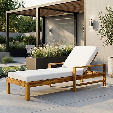 Eazegath Outdoor Wood Adjustable Backrest Chaise Lounge Chair with Cushion and Armrests