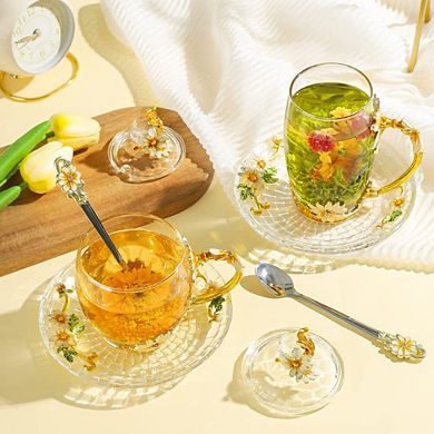Vintage Daisy Glass Tea Mug With Lid— Mother's Day Gift