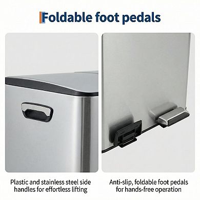 Dual Compartment Kitchen Trash Can, Stainless Steel, Removable Buckets, Soft-Close Lid